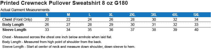 G180 sizing chart