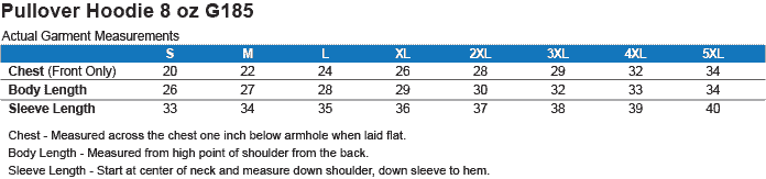 G185 hoodie sizing chart