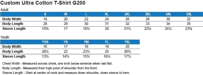 G200 shirt size charts